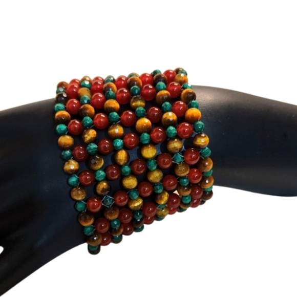 VINTAGE 1970s Natural Stone BRACELET – Vein Agate, Malachite, Tiger Eye - Picture 1 of 14